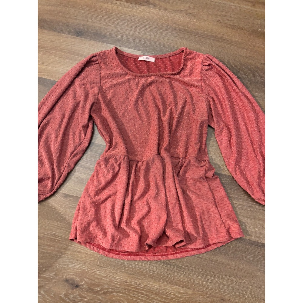 P.S. Love Terracotta Rose Swiss Dot Peplum Top Square Neck Puff Sleeve Small